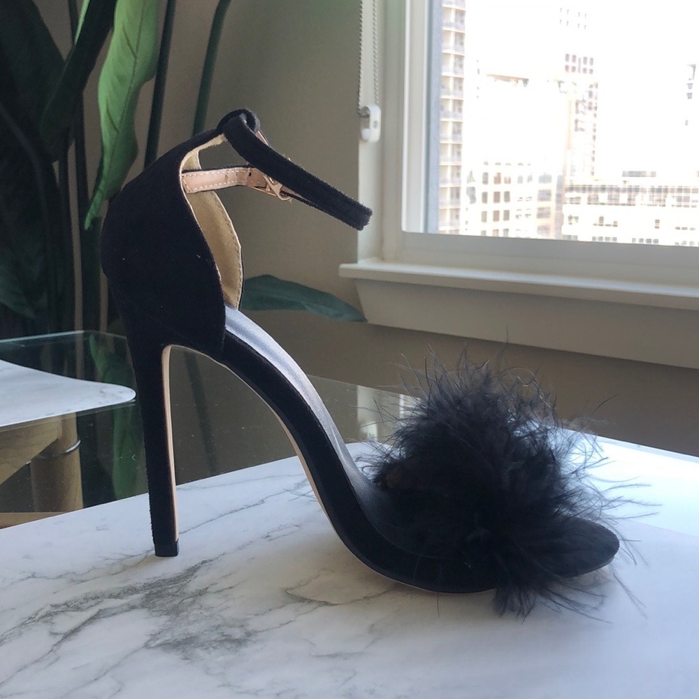 Black Faux Suede & Faux Feather heels; Heel height approx 4.33. Size 37